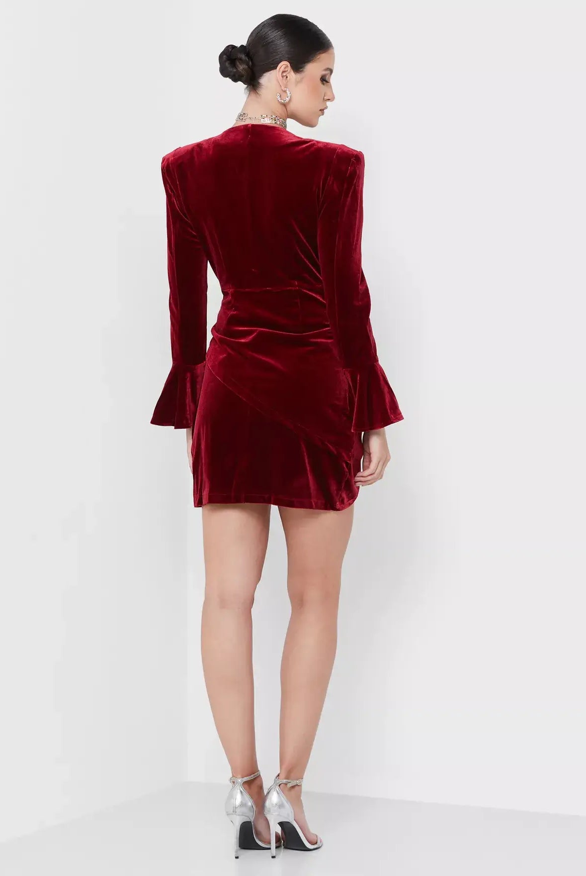 Exquisite Velvet Wrap Wine Red Mini Dress - Back
