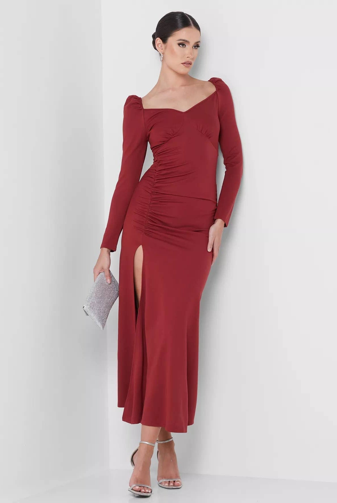 Alluring Puff-Shoulder Wine Red Midi Dress