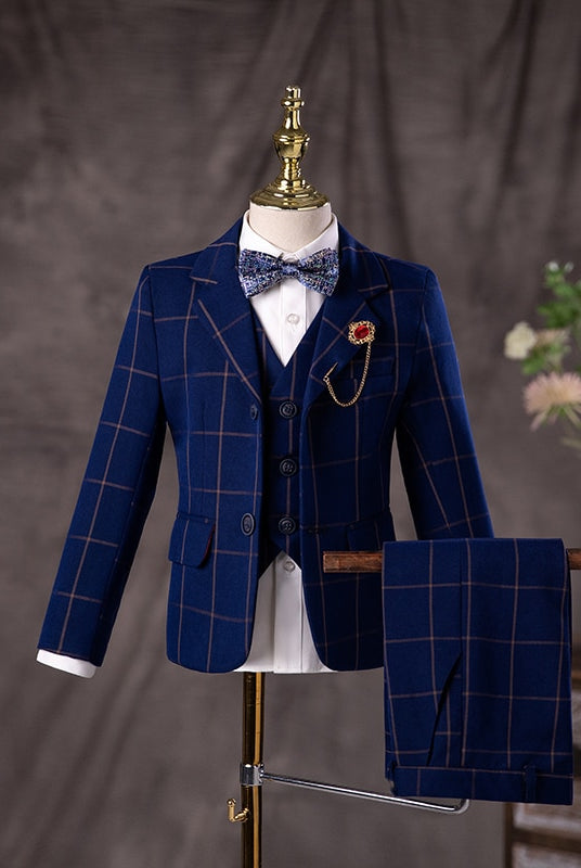 Traditional English Gentleman 3-Piece Boys Suit in Blue and with bowtie.