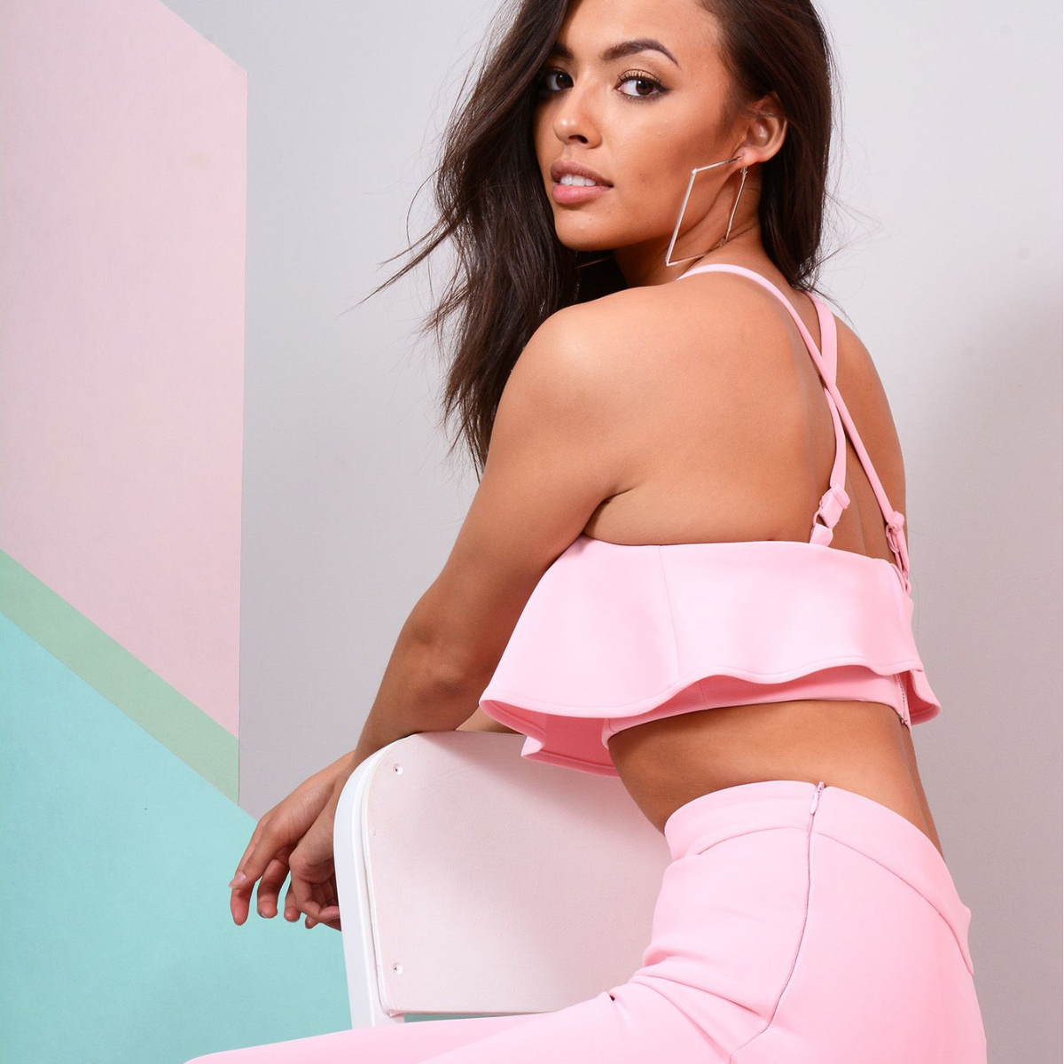 Pink Co-ord With Ruffle Crop Top And Bootleg Trouser (Closer)