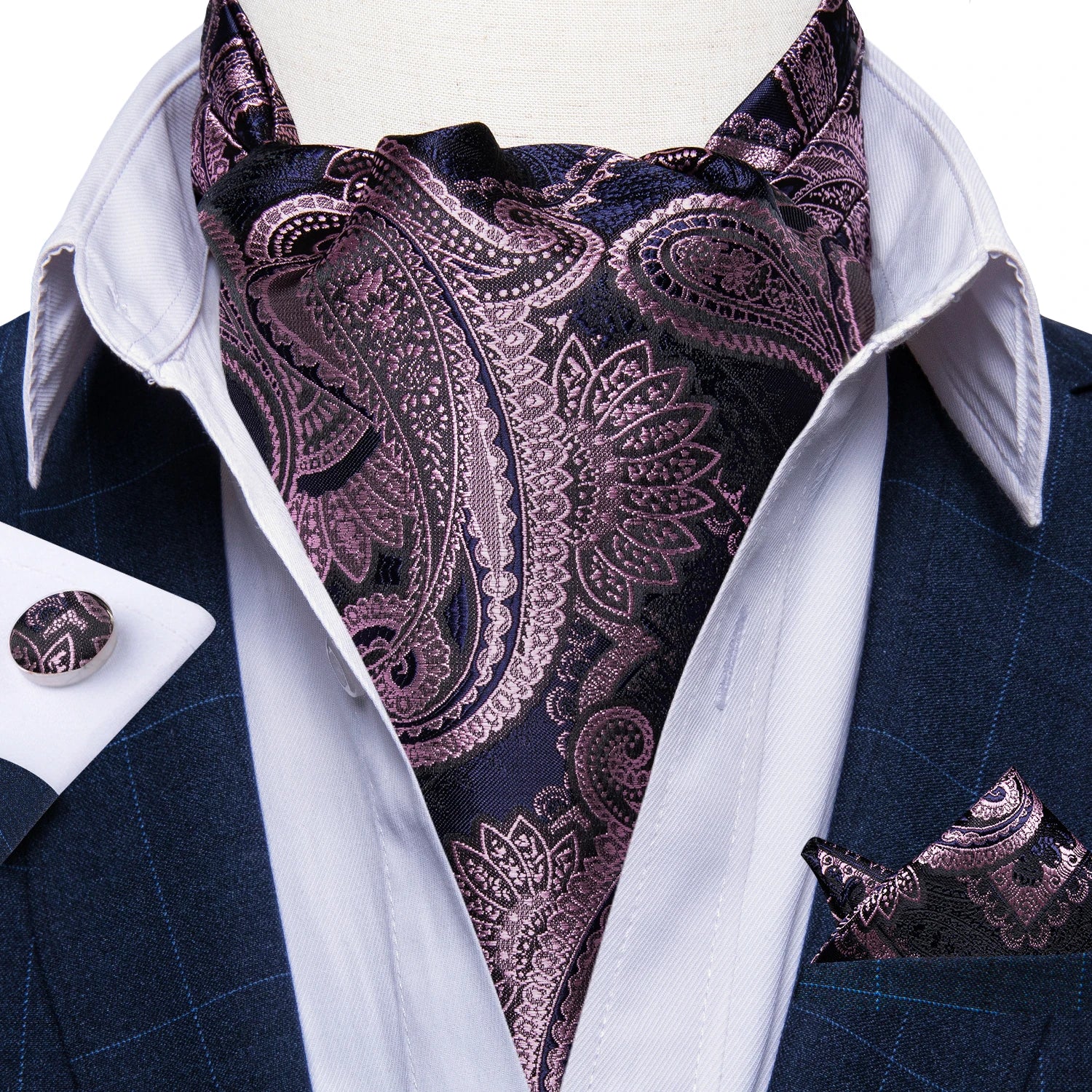 Men's Silk Cravat Set with Cufflinks and Pocket Square