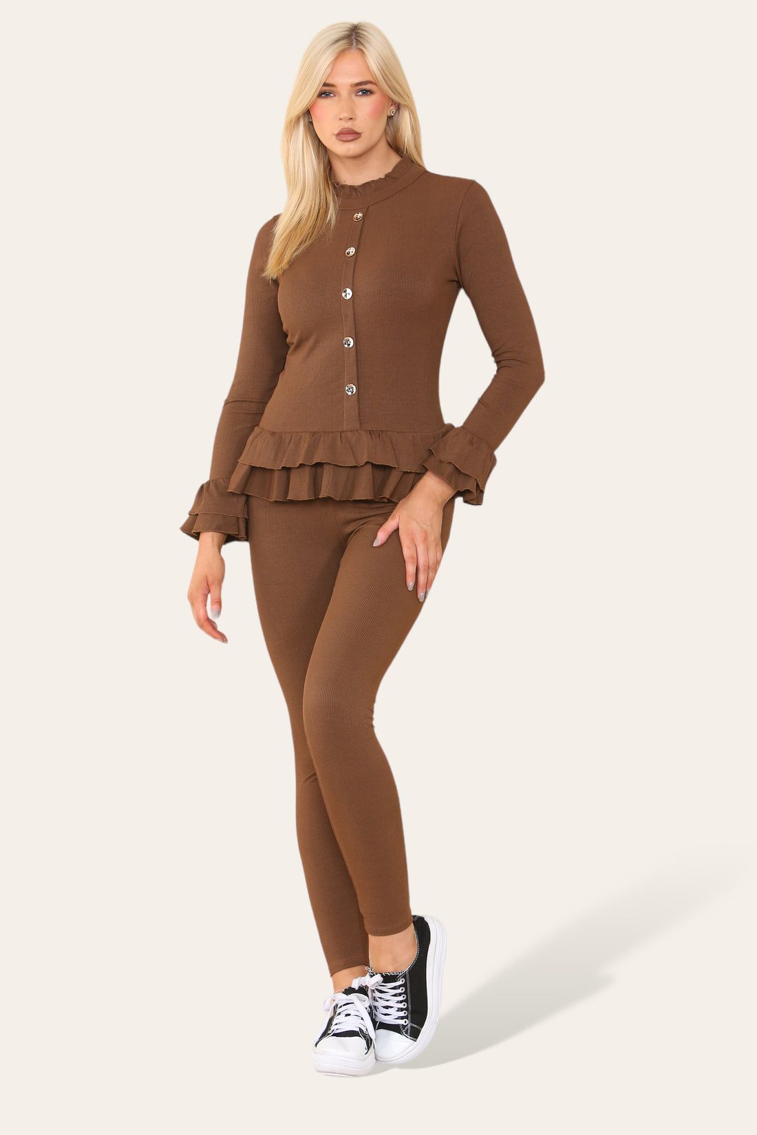 Peplum Frill Loungewear Set Chocolate