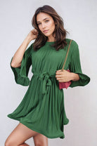 Pleated Tie Waist Mini Dress Green