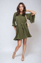 Pleated Tie Waist Mini Dress Khaki