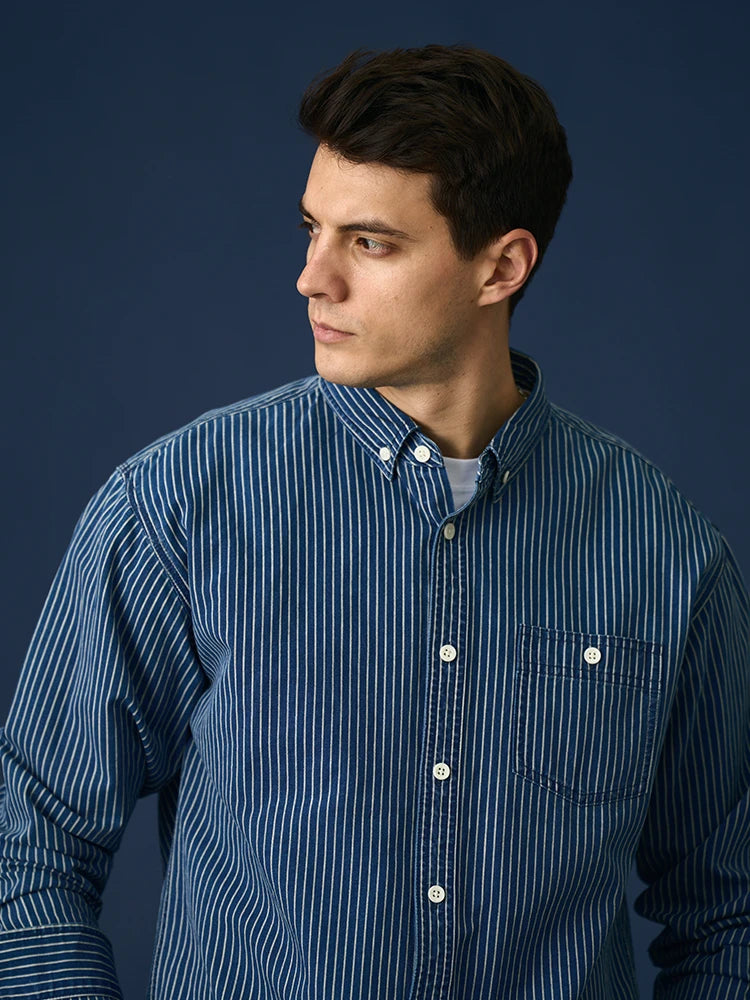 Blue Casual Vertical Striped Denim Men's Shirt