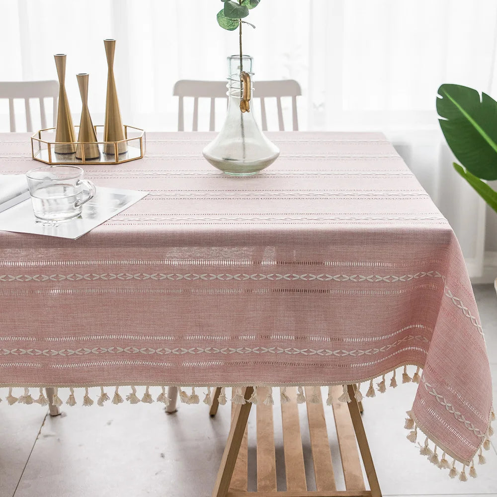 Scandinavian Stripe Tassel Tablecloth Pink